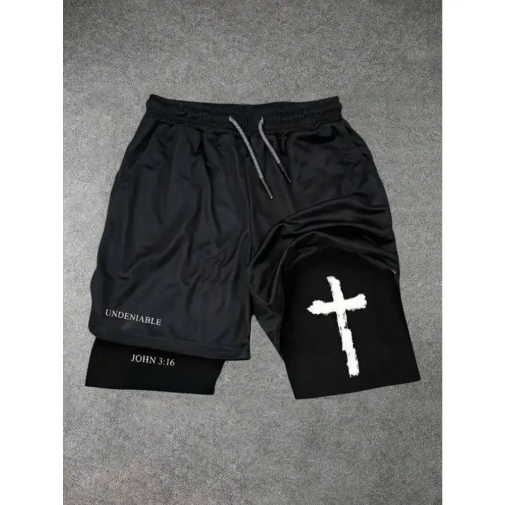 Mens Street Fashion Cross Print Knit Drawstring Shorts 2 in 1 Sports Shorts Great for Fitness Basketball Activities Drawstring 251223