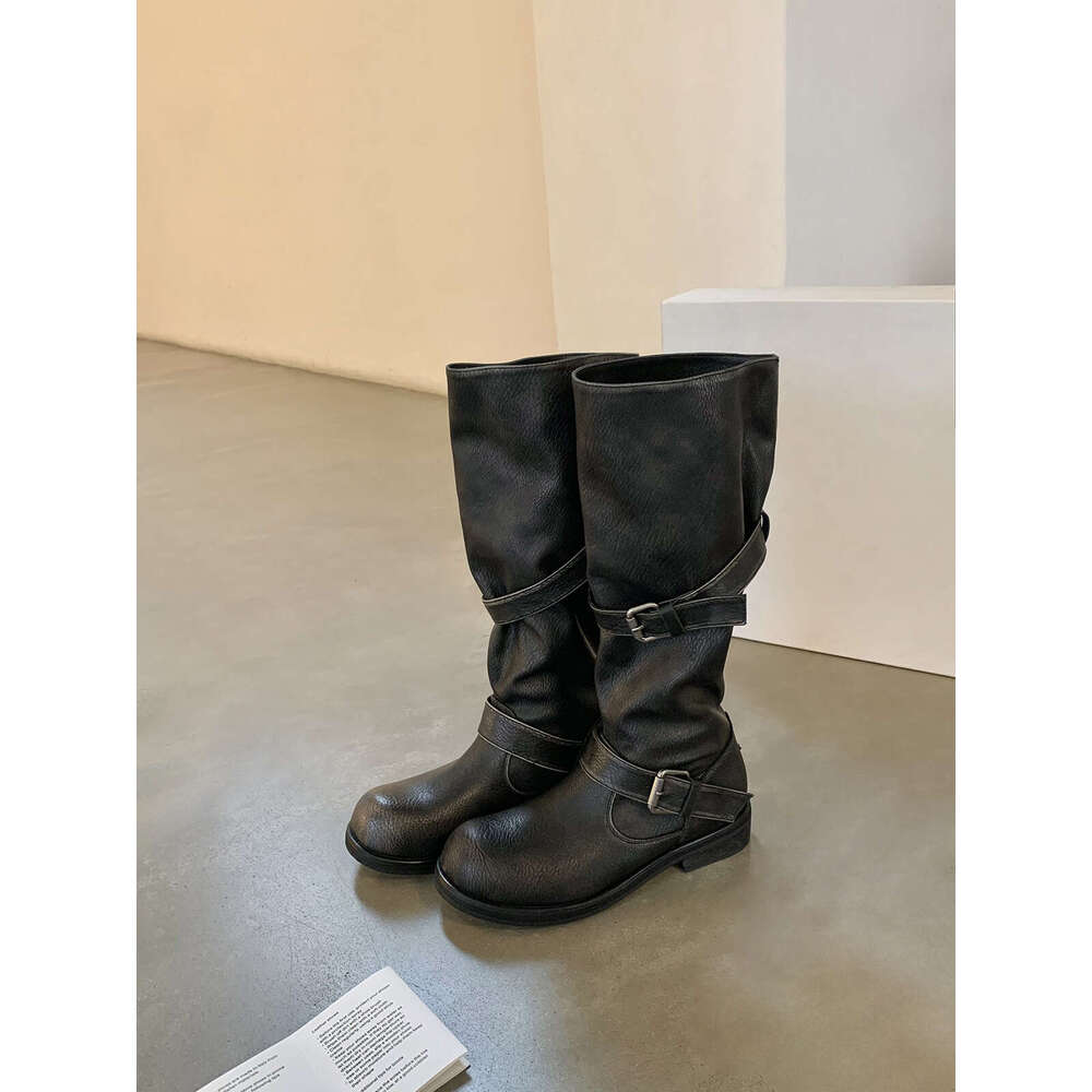 Internet Celebrity Style Round Toe Belt Buckle Wrinkled British Retro Polished Thick Heel Mid-Calf Riding Boots for Women
