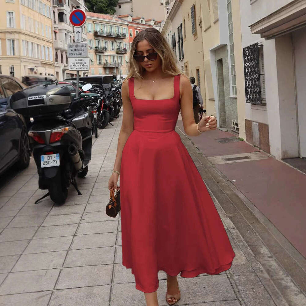 Dress for women Elegant Solid Color Square Neck Sleeveless Waist-Cinching Strap Dress, 2026 Spring Summer New European and American Fashion Vacation O
