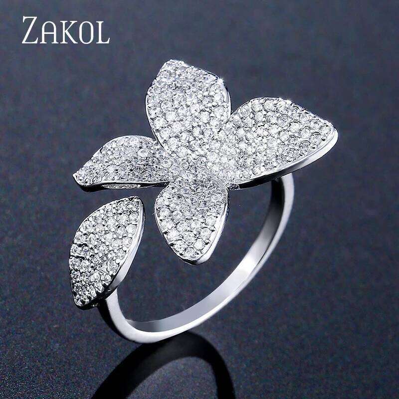 ZAKOL Luxury Sparkling Leaf Flower Micro-paved Zirconia Open Rings for Women Delicate Bridal Wedding Jewelry RP2034