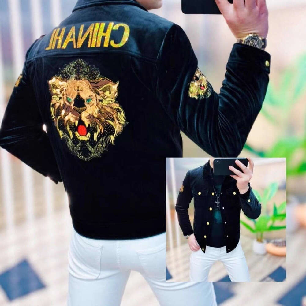 Winter New Fashion Tiger Head Embroidery Turn-Down Collar Jacket Coat Men's Personality Trendy Slim Fit Warm Cardigan Top