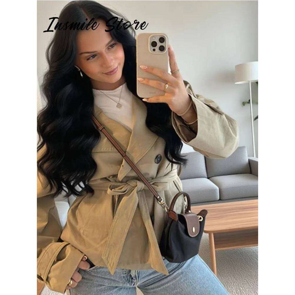 Fashion Belt Short Trench Coat Women Stand Collar Double Breasted Long Sleeve Jacket 2026 Spring Autumn Lady Street Outwear New ZHE HAN