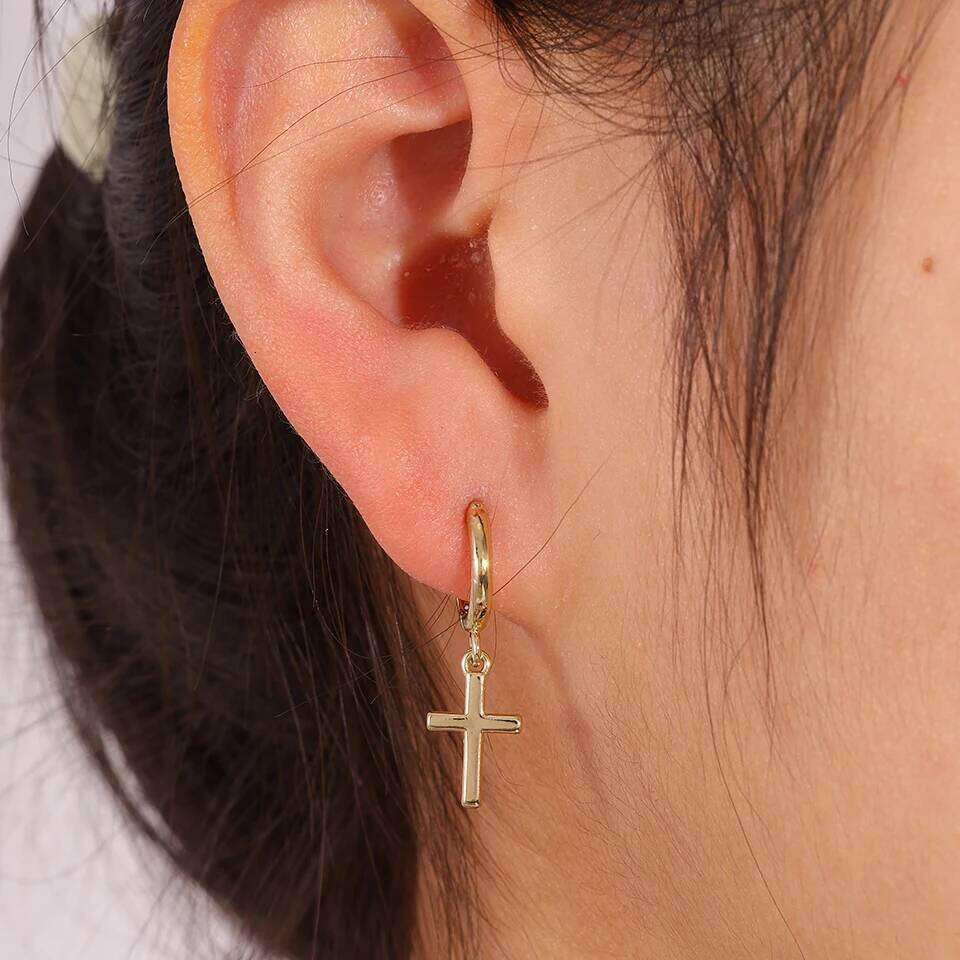 ZAKOL Golden Stainless Steel Jesus Cross Pendant Earrings for Women Men Fashion Hoop Earring Simple Daily Ear Accessories