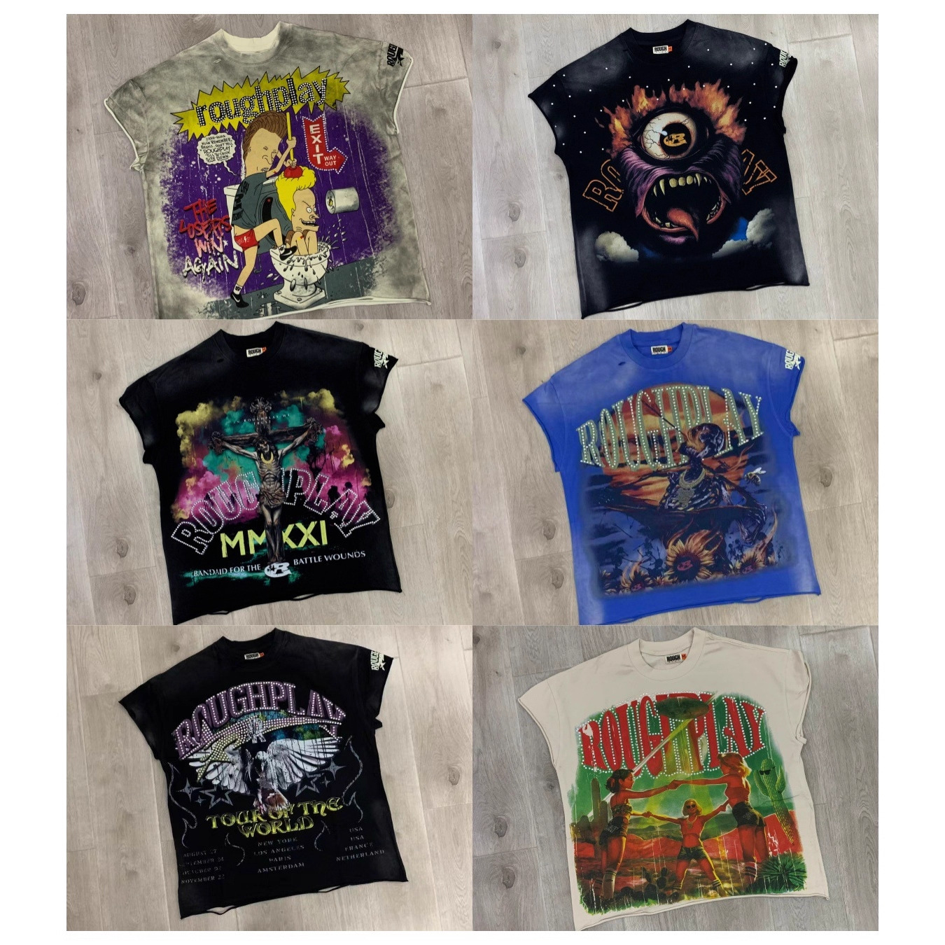 Men's T Shirts High Quality Roughplay T Shirt Real Pictures All-match Men Women Hip-hop Graffiti Print Perforated Short-sleeved Rhinestone Vest R