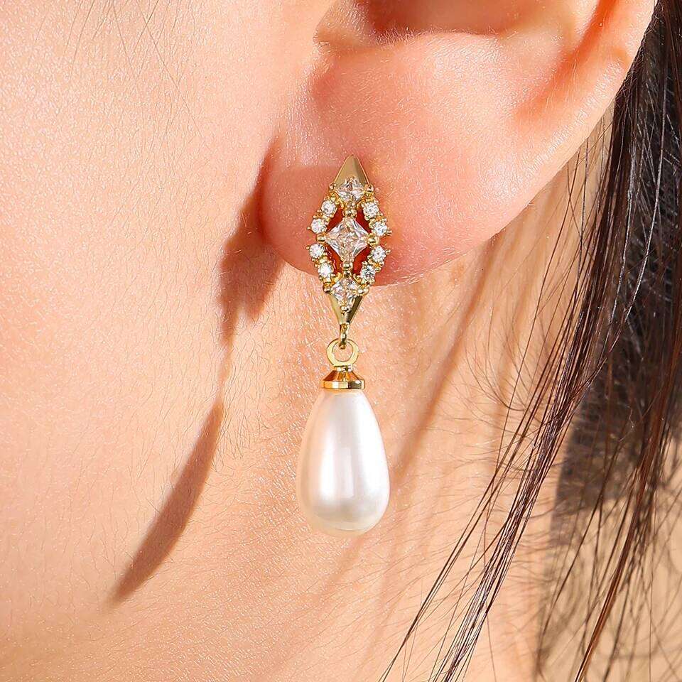 ZAKOL Fashion Geometric Zircon Teardrop Pearls Bridal Earrings Sliver Gold Color Banquet Party Accessories Jewelry Gift
