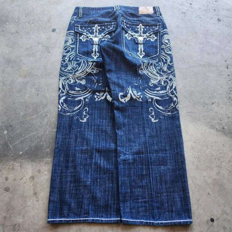 Y2K American New Fashion Pattern Geometric Embroidery Baggy Jeans Men Street Vintage Couple High Waist Wide Leg Trousers