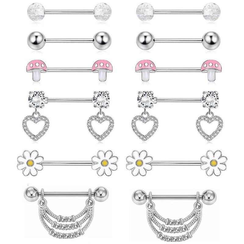 12PC/Set Stainless Steel Pink Heart Moon Nipple Piercing Kit Fashion Crystal Sexy Nipple Ring Body Jewelry Perforacin Del Pezn 251224