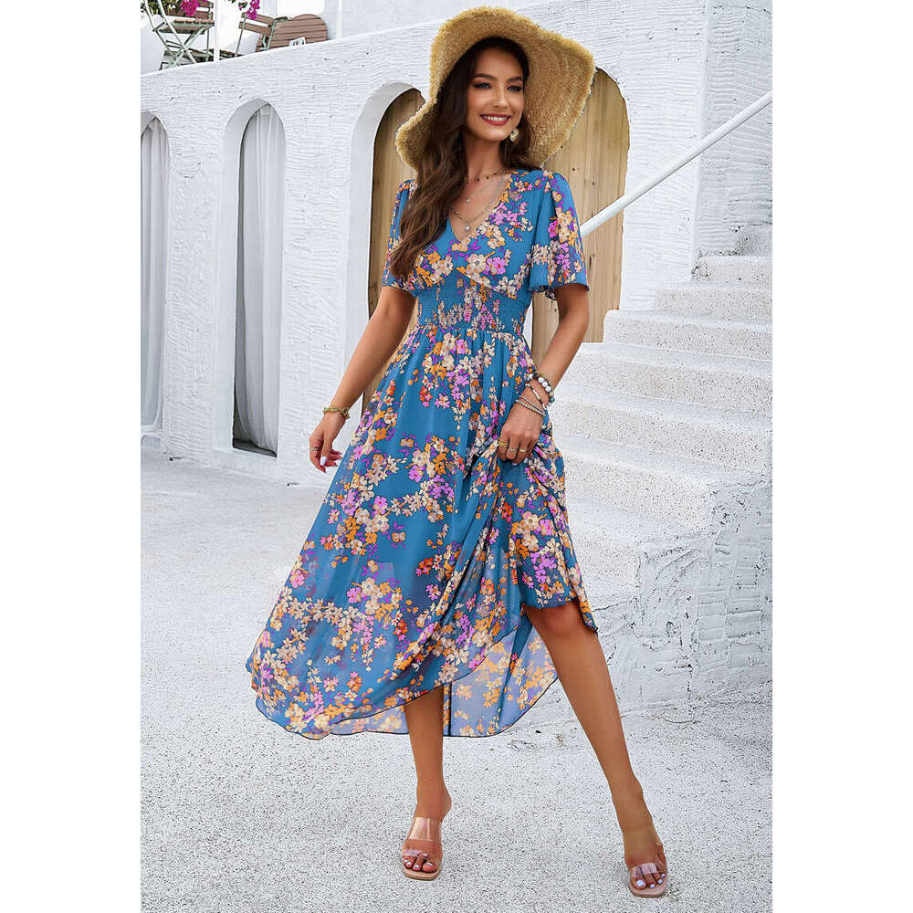 Dress for women Elegant Printed Waist-Cinching Short Sleeve Chiffon Dress, 2026 Spring Summer New European and American Vacation Outfit