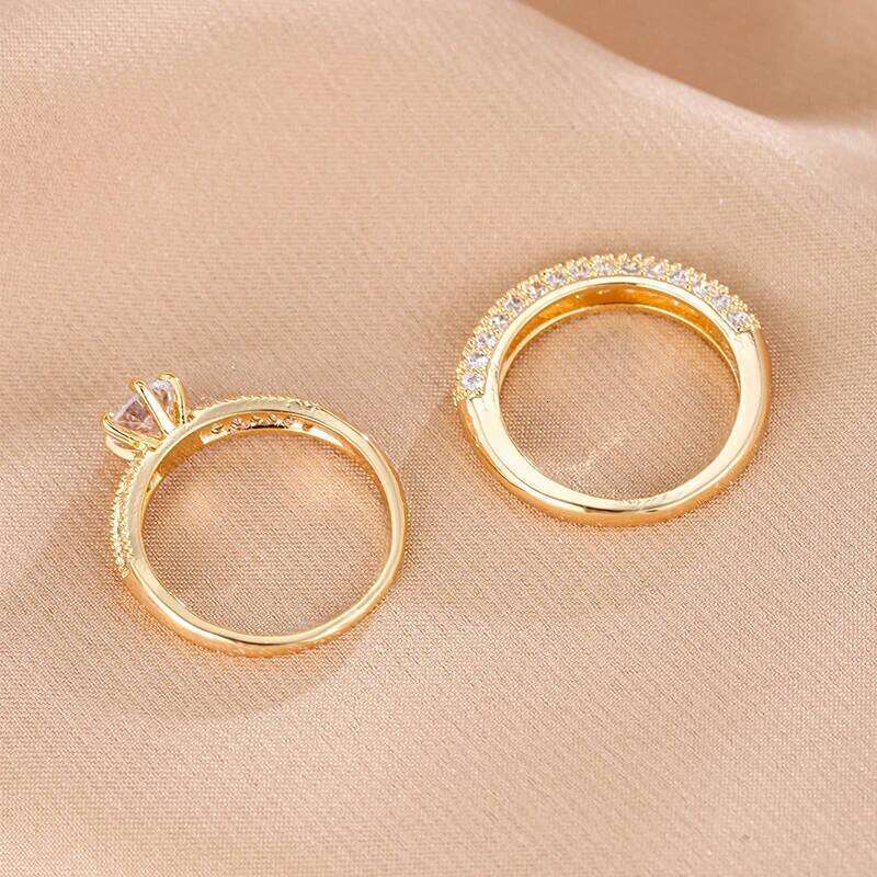 2 PCs Luxury Zircon Eternity Band Rings Set For Women Round Gold Color Ring Girls Party Wedding Engagement Jewelry Gift