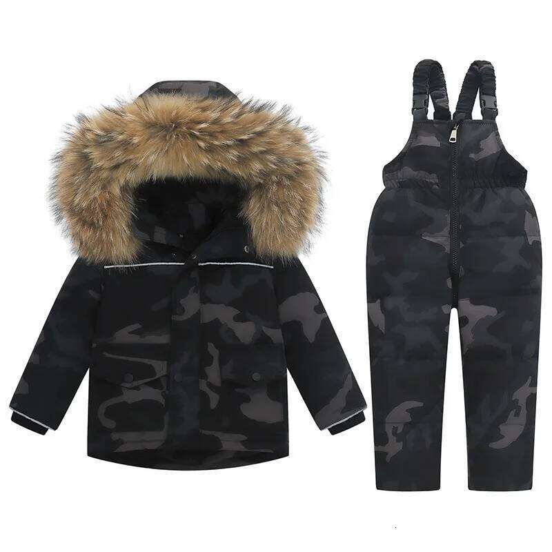 -30 Degree Winter Boys' Camouflage Down Jacket Waterproof Real Fur Girls' Ski Suit 1-5 Years Old Children's Snow Set SPLELED