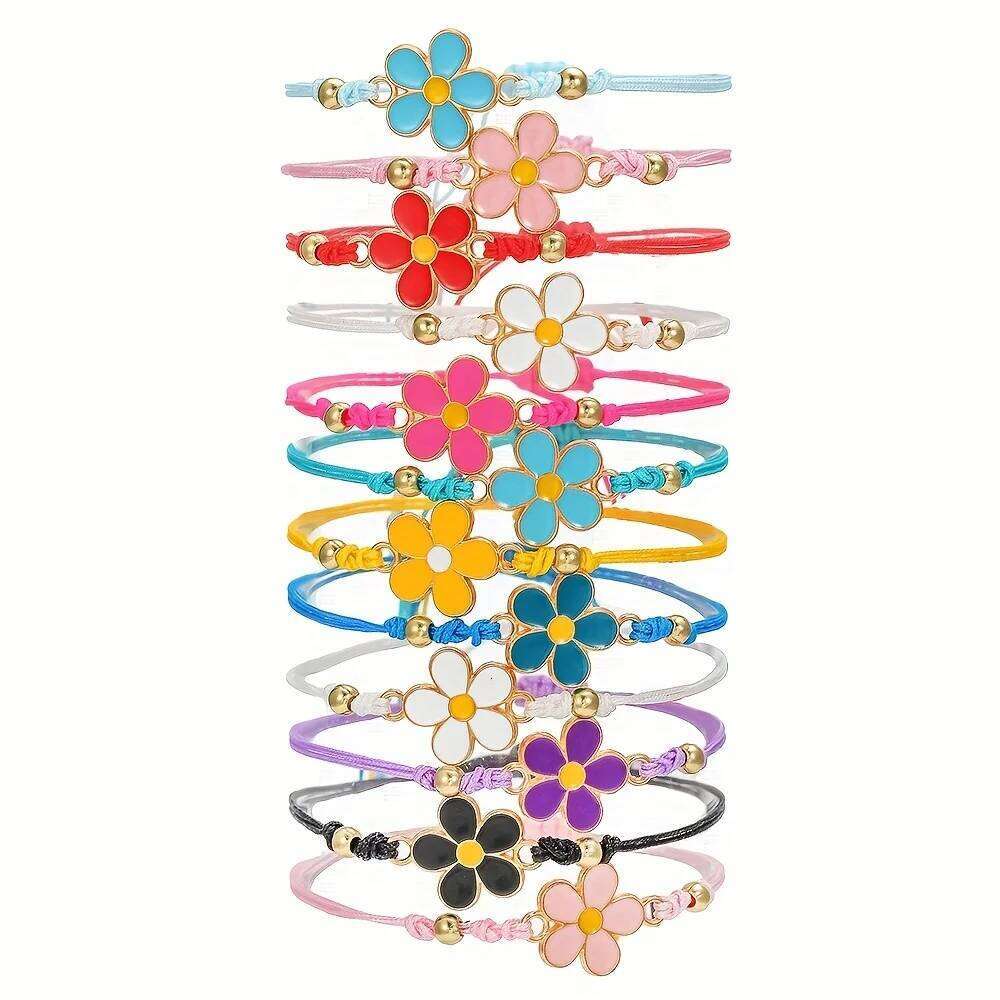 12pcs Set of Sweet and Adorable Colorful Floral Elements Adjustable Handmade Braided Bracelets, Perfect for Daily Wear 25H1229