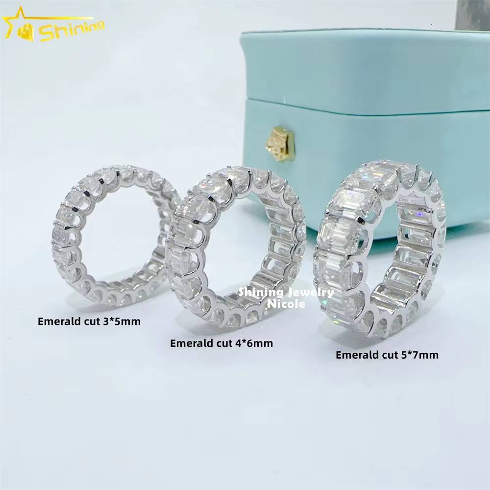Hot Selling High Quality 925 Silver Engagement Eternity Band 35mm 46mm 57mm Emerald Cut Moissanite Ring
