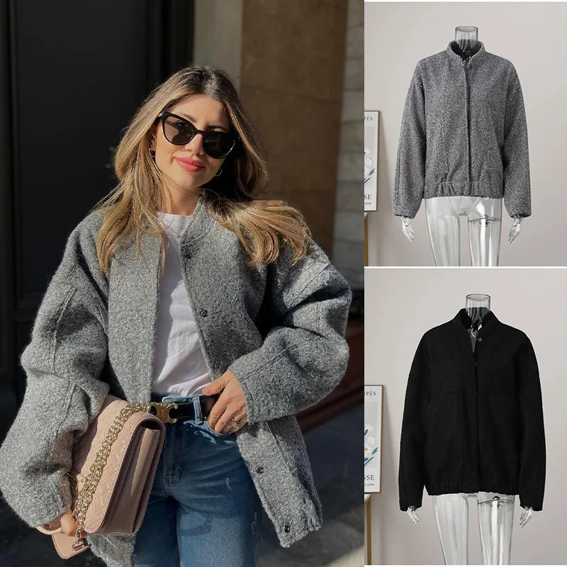 2025 Winter Female Fashion Bomber Jacket Long Sleeve Solid Color Grey Turtleneck With Pockets Single Breasted Retro Loose Coat 251225