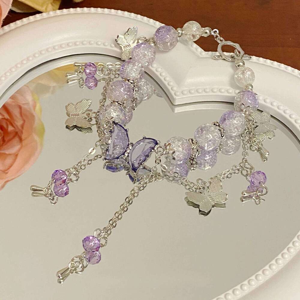 New Niche Design Purple Crystal Butterfly Pendant Beaded for Women Sweet Charm Bracelet Jewelry Accessories Party Gift 25H1229