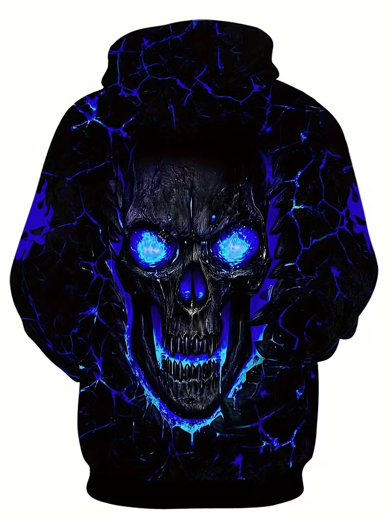 Streetwear Dark Style Men's Hoodie Full-Print Blue-Tinted Skulls 3D Printed Unique Streetwear Oversized Pullover Hip-Hop Hoodie