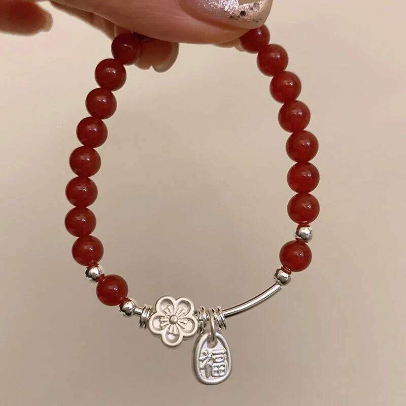 VENTFILLE 925 Sterling Silve Red Agate Bracelet for Women Flower Pendant Lucky Bead Jewelry Gift 25H1229