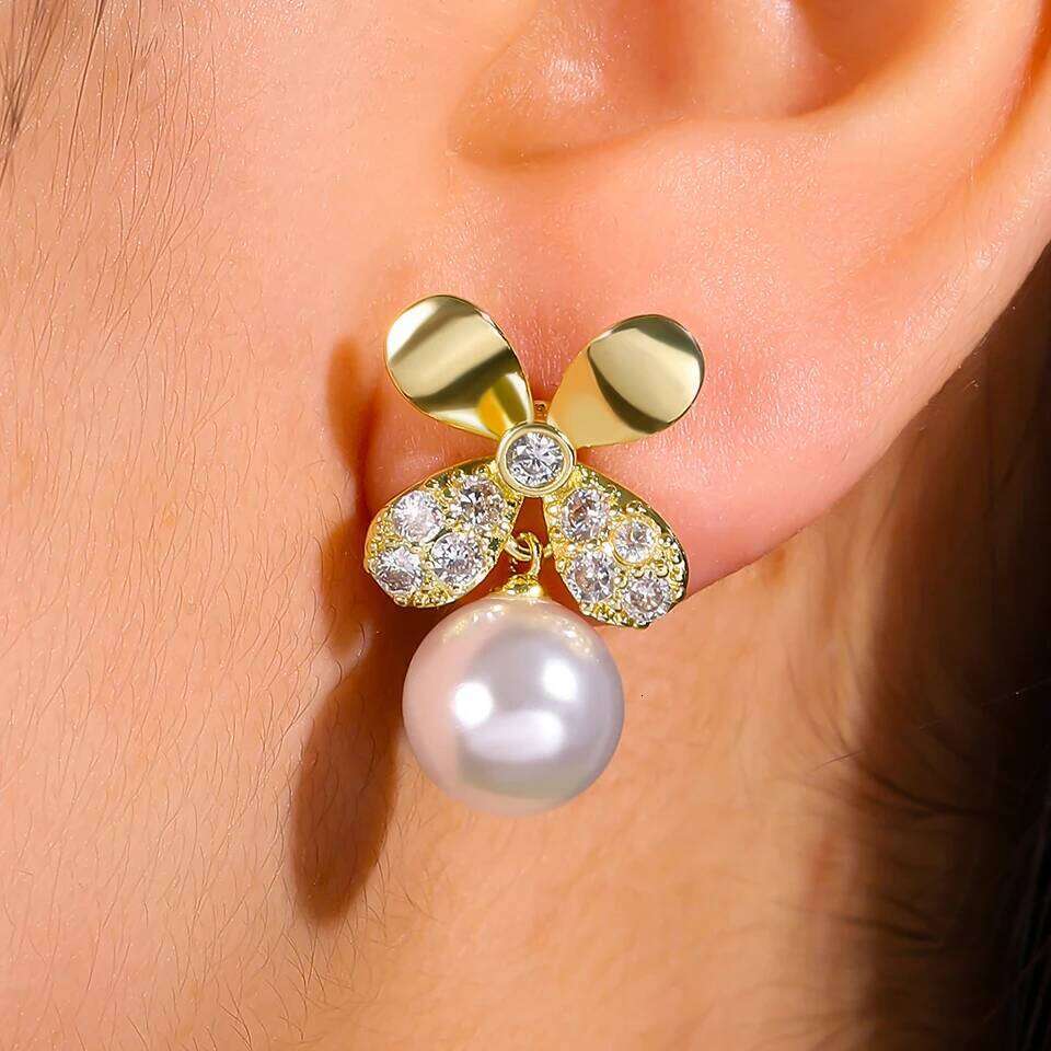 ZAKOL Elegant Four-leaf Flower Imitation Pearl Drop Dangle Earrings for Women Fancy Bride Brilliant CZ Wedding Jewelry