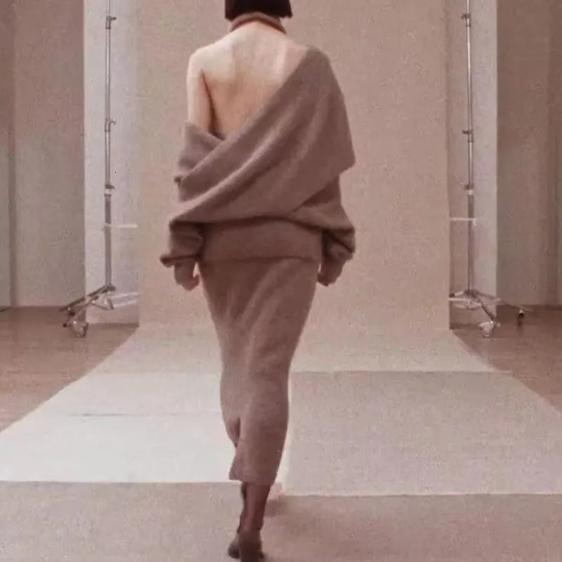 Womens Shawl Turtleneck Top Fashionable Casual Skirt High-Quality Wool Sweater Set 2026 Spring Arrivals Y2K 251219