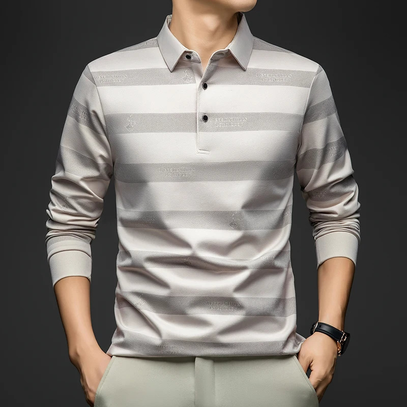 BROWON Elegant Mens Polo Shirts 2025 Spring Autumn Long Sleeve Lapel Collar Big Striped Pattern Tshirt Male in Tops Tees 251219