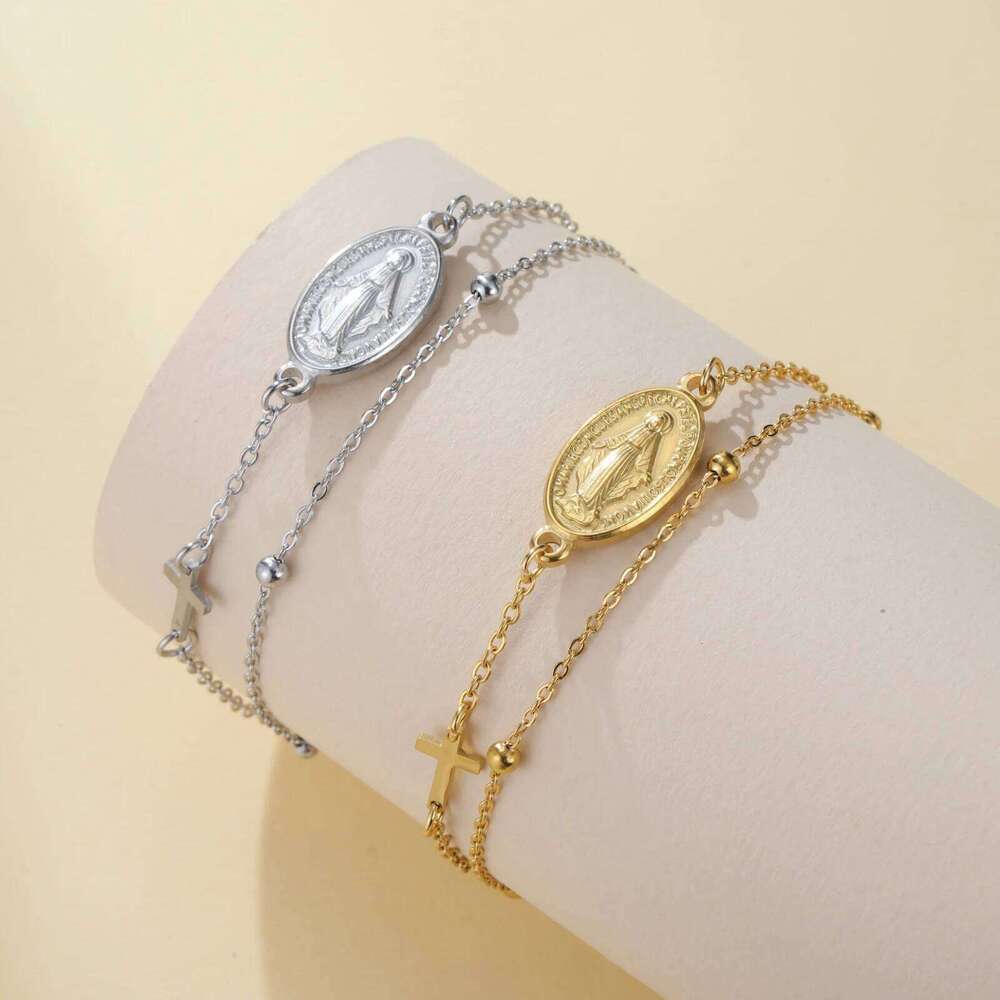 Lucktune Virgin Mary With Cross Pendant Stainless Steel Beads Chain Bracelets For Women Religious Amulet girls jewelry 25H1229
