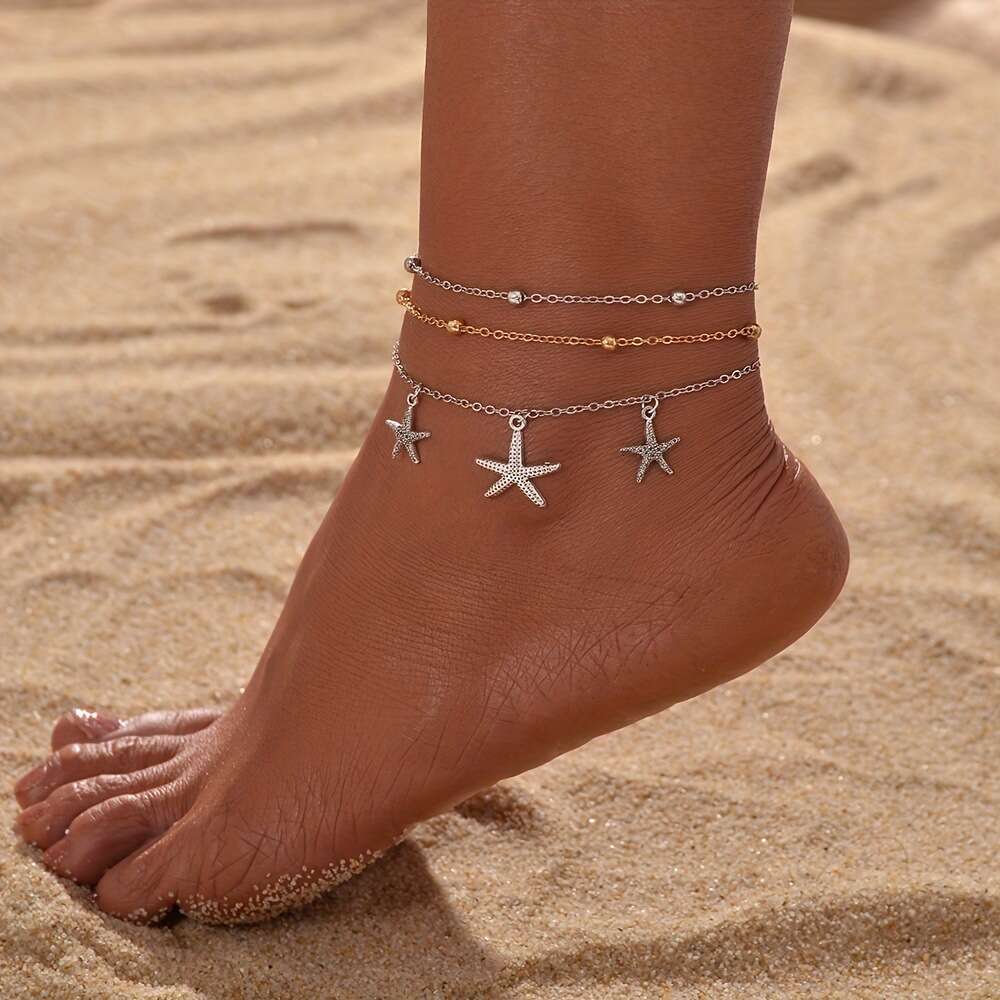 Summer Beach Starfish Pendant Beaded Three-Piece Set Round Bead O-Chain Three-Layer Stacked Fashion Women's Anklet