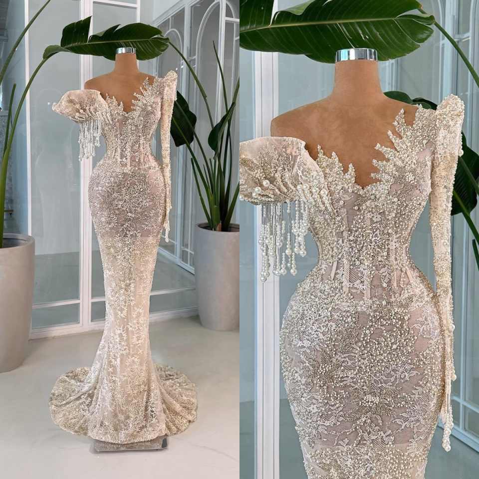 Sexy One Shoulder Prom Dresses Fashion Beaded Pearls Sequined Evening Dress Floor Length Lace Party Gown Customized