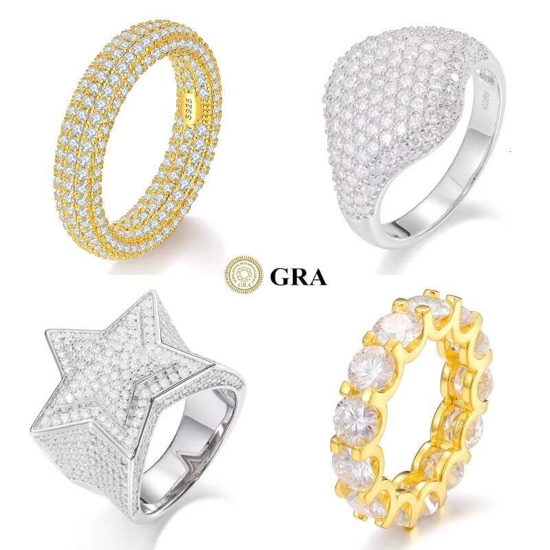 Telula Moissanite Rings Gra Certified Iced Out Moissanite Men Ring S925 Sterling Silver Gold Plated Hiphop Moissanite Ring