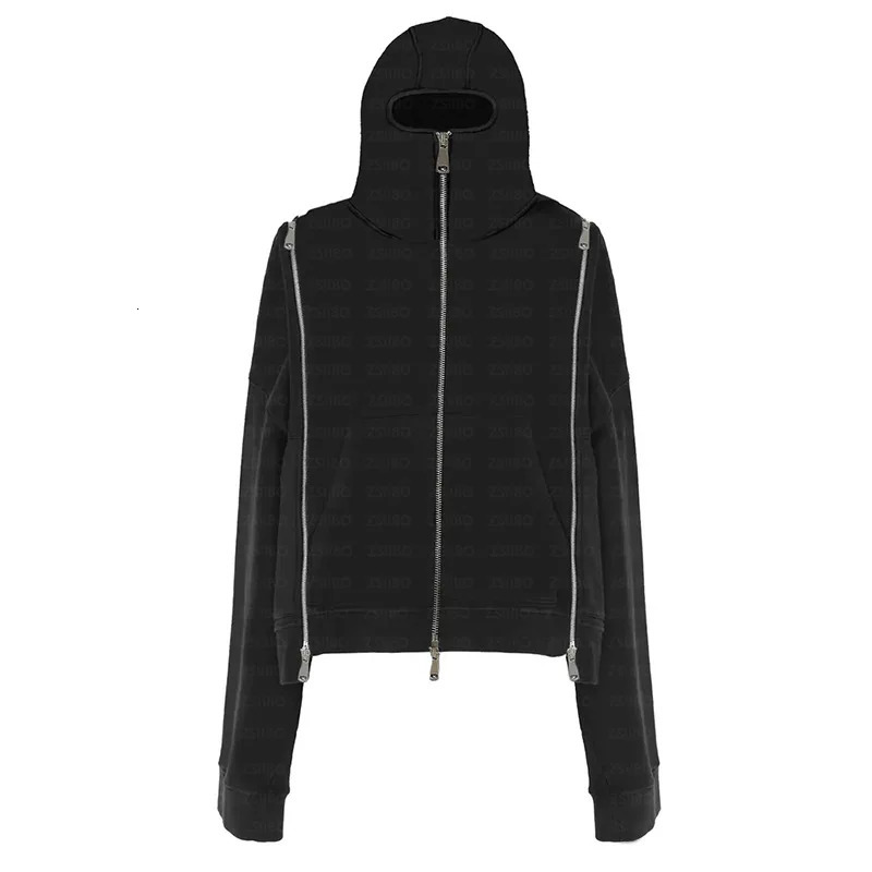 Black zippered double-sleeved shorts suit hooded sweatshirt sports suit American high street casual patchwork jacket 251223