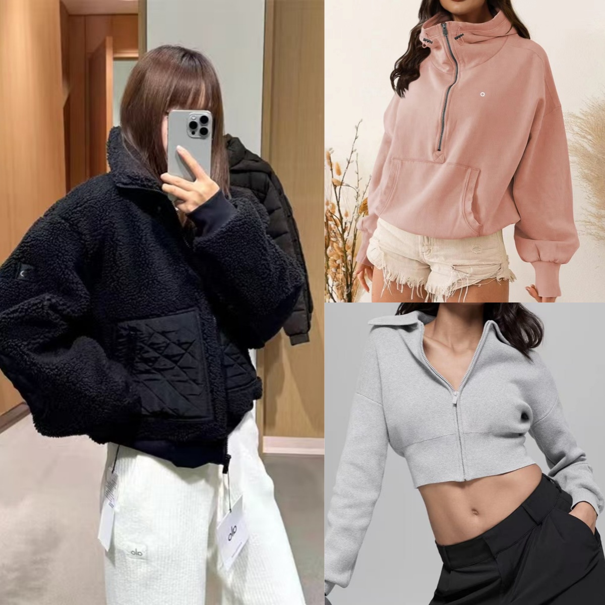 Alonessities Series yoga Gym sets New designer womens Autumn and winter brown lambhair hooded short jacket thick and warm sporty and casual stand up jacket