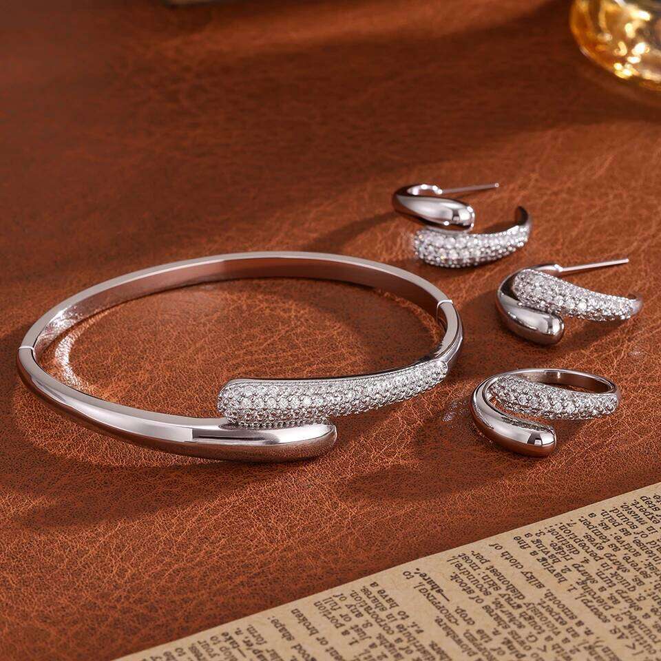ZAKOL 3Pcs/Set Micro-inlaid Zircon Water Drop Open Bracelet Ring Earrings Set for Women Luxury Wedding Party Jewelry Sets