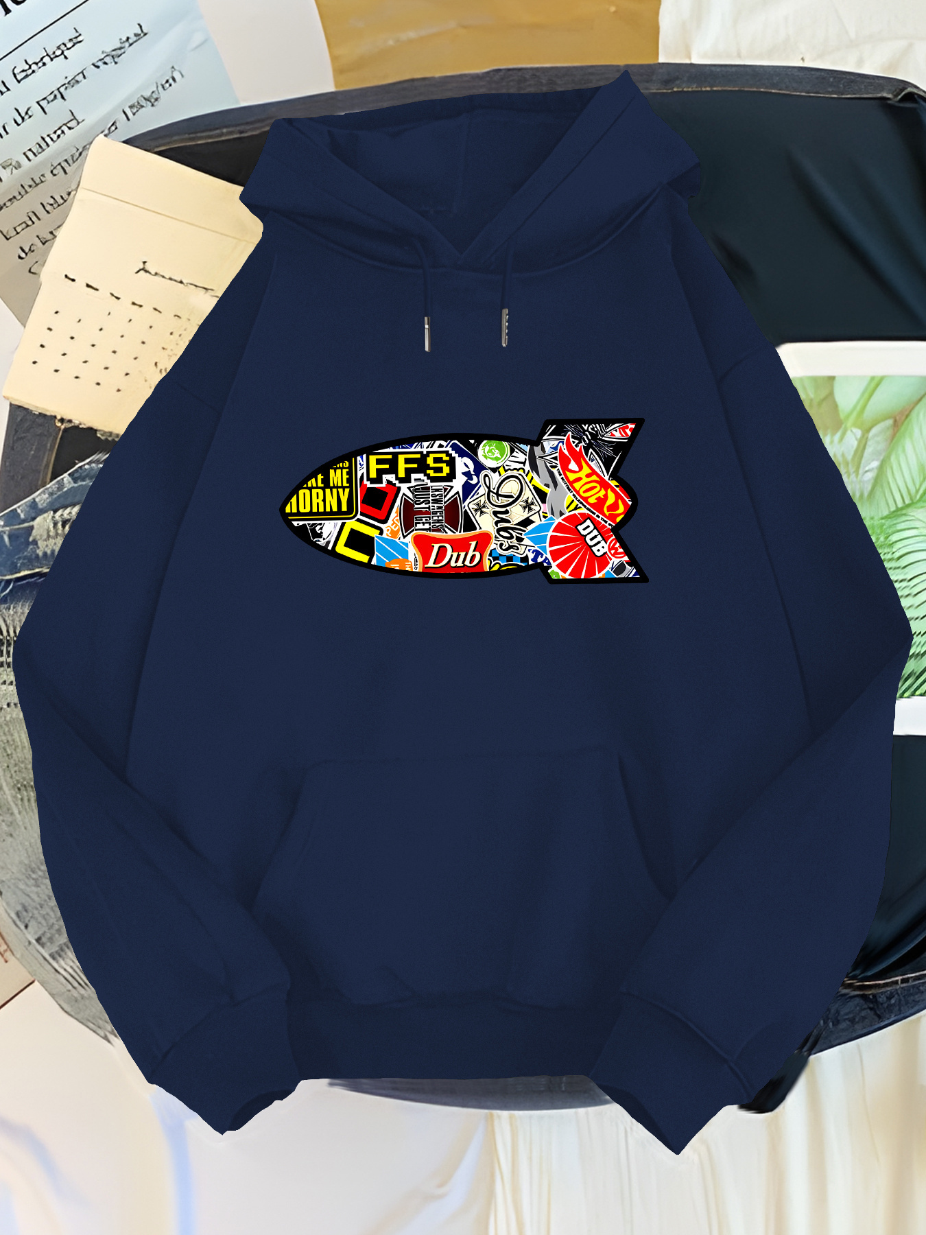 Men'S Navy Blue Print - Casual Long Sleeve with Front Pocket, Soft Blend, "Dub" Design, Perfect for Fall & Winter, Allseason Pullover V