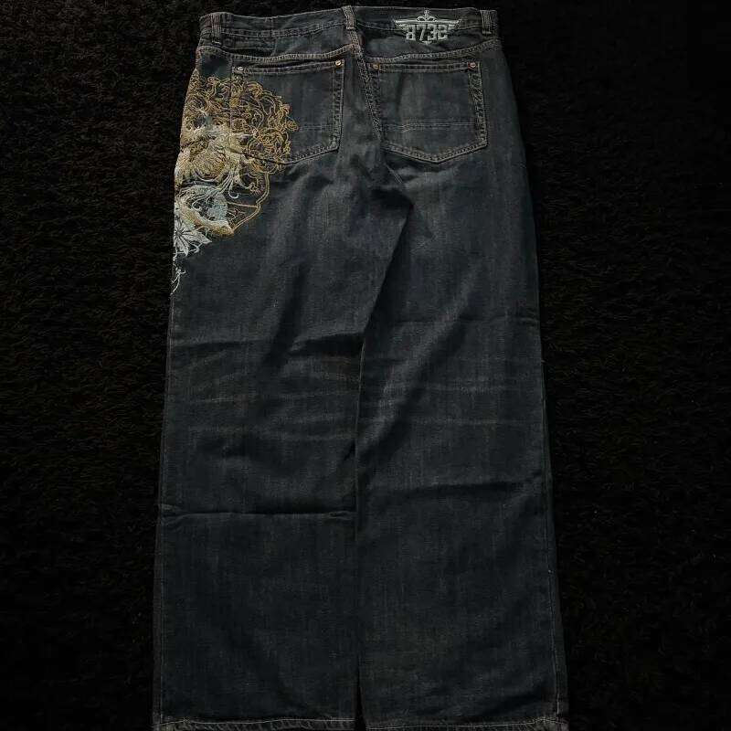 American New Fashion Oversize Pattern Embroidered Baggy Jeans Men Y2K Gothic Harajuku Hip Hop Straight High Waist Wide Leg Pants