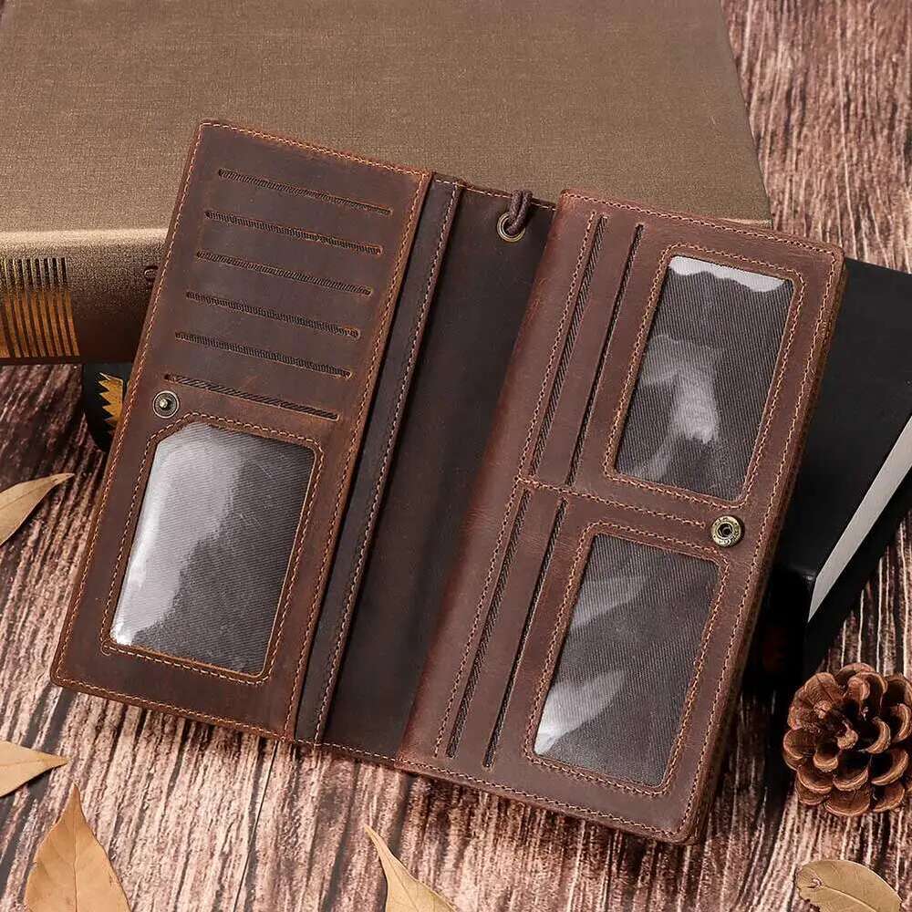 Full Grain Leather Wallet For Men Long Clutch With Cell Phone Pocket Multifunctional RFID Credit Card Holder Handbags JINXIANGGUO