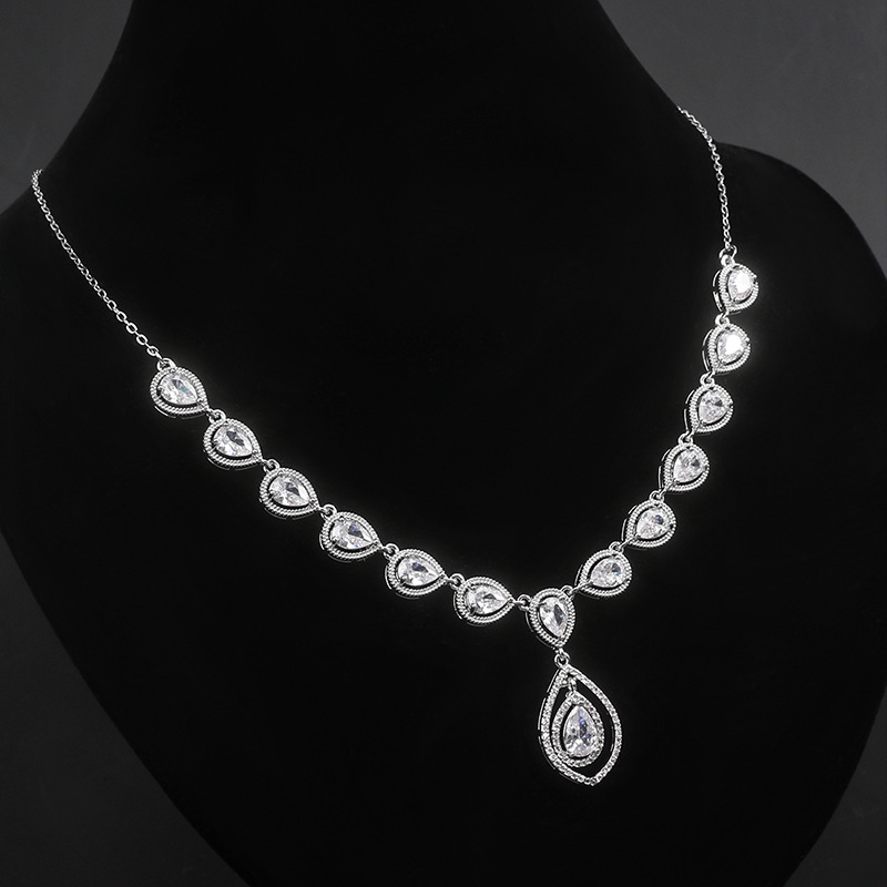 TaiYang 2025 New Teardrop Zirconia Bridal Jewelry Set, Silver Plated Copper Earrings & Necklace, Wedding Engagement Jewelry Gift