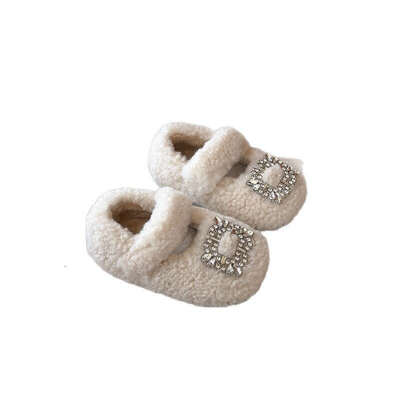 INS Fleece-Lined Fur 2025 Autumn Winter New Korean Style Girls' Rhinestone Princess Soft Sole Warm Cotton Shoes