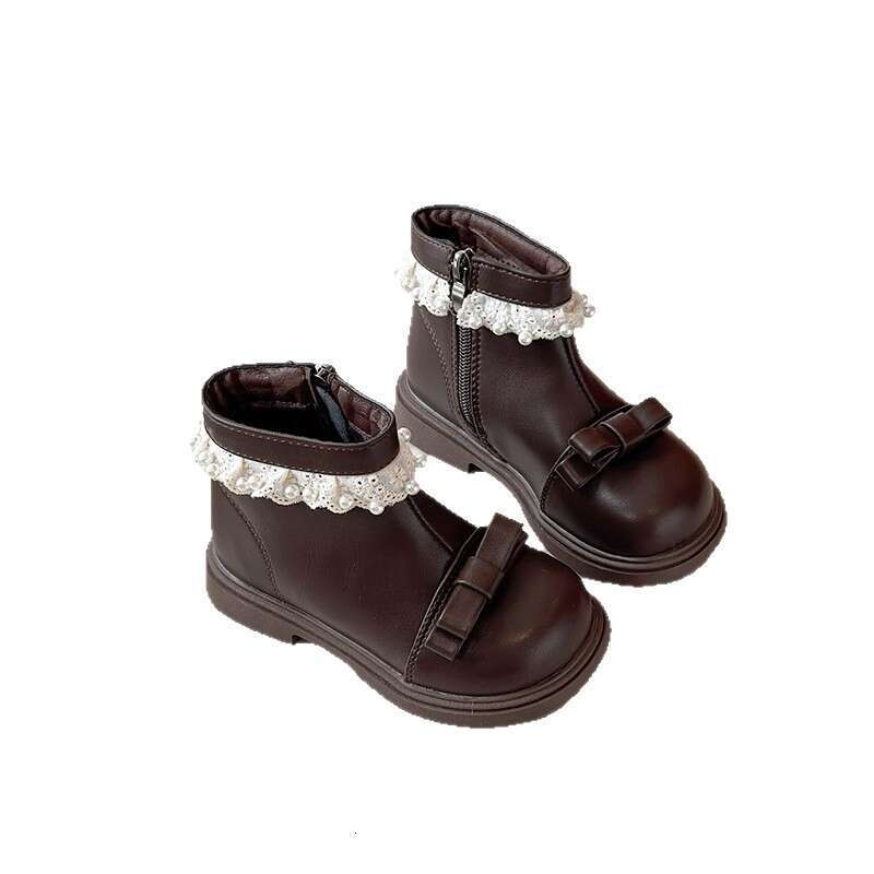 Ins British Style Martin 2025 Autumn Winter New Korean Version Girls' Bowknot Pearl Lace Fleece-Lined Short Boots