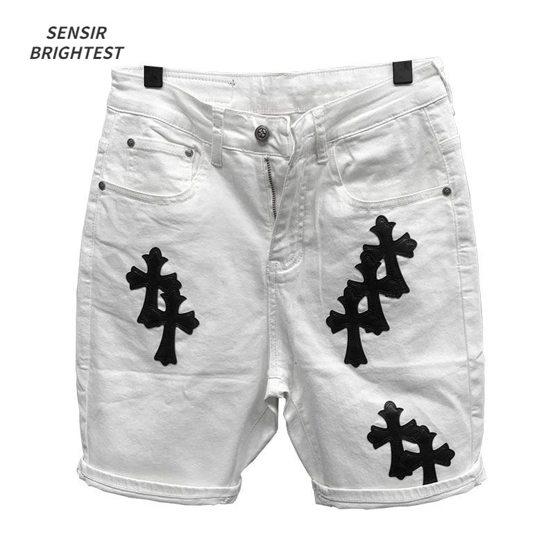 Summer Cotton Elastic Shorts Mens American Style Street Fashion Embroidered White Denim Shorts For Men And Women 251223