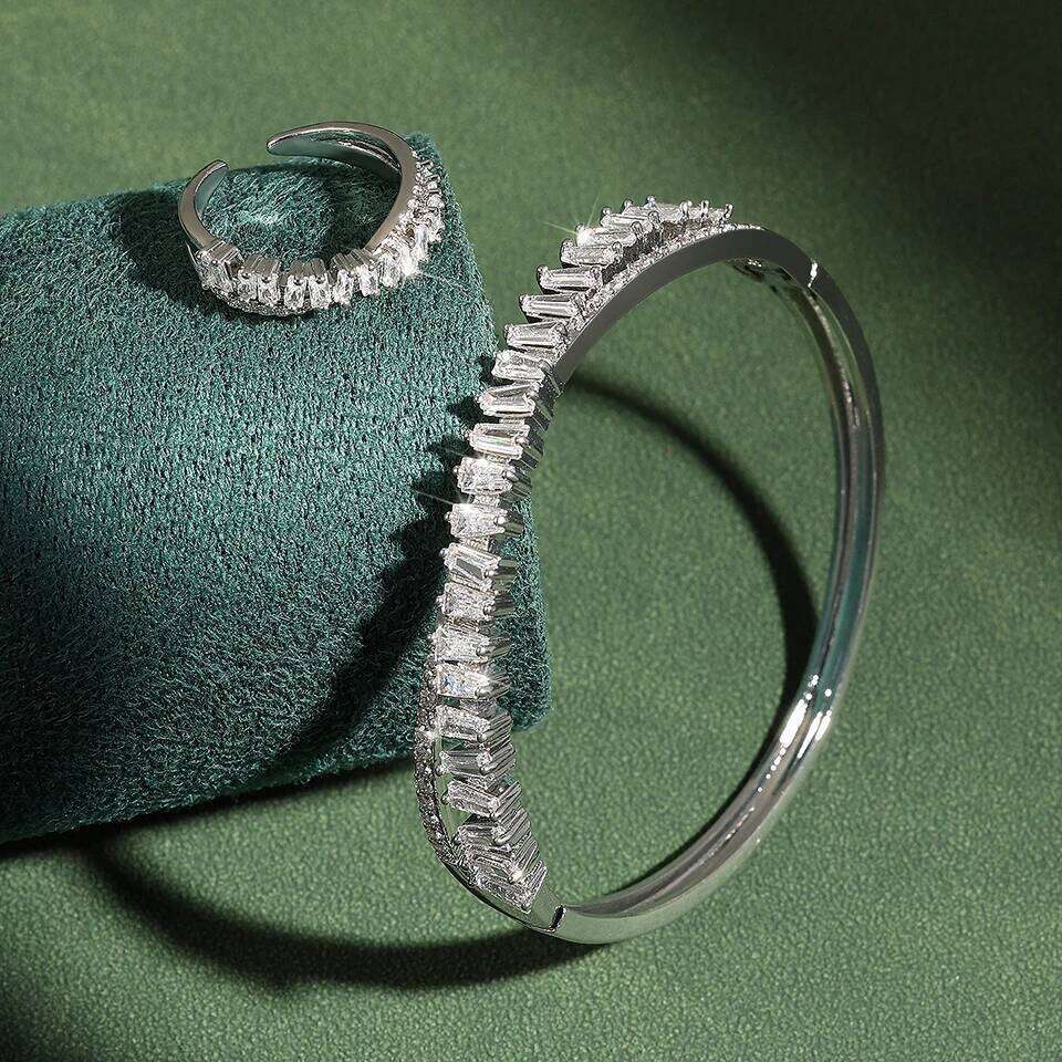 ZAKOL Brand Classic Baguette Cubic Zirconia Ring Bracelet Set Luxury 18K Gold Color Wedding Engagement Party Jewelry Sets