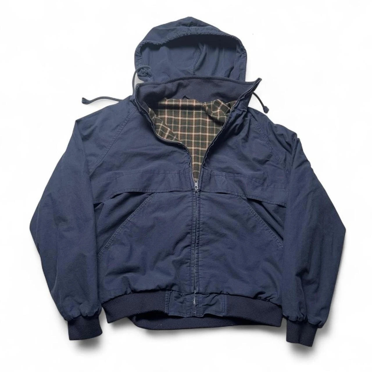 Streetwear Navy Blue Plaid Windbreaker Men Women Harajuku Hooded Zip Up Jacket Goth Turn Down Collar Trench Coat 251219