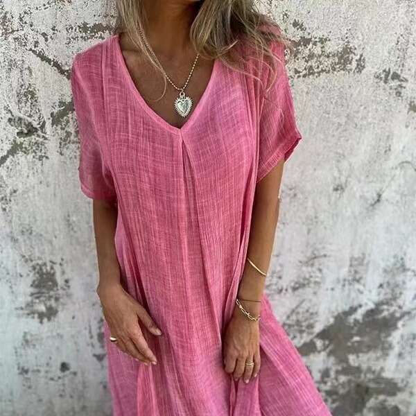 Dress for women Comfortable Soft Casual Home Dress, Cotton Linen V-Neck Relaxed Loungewear