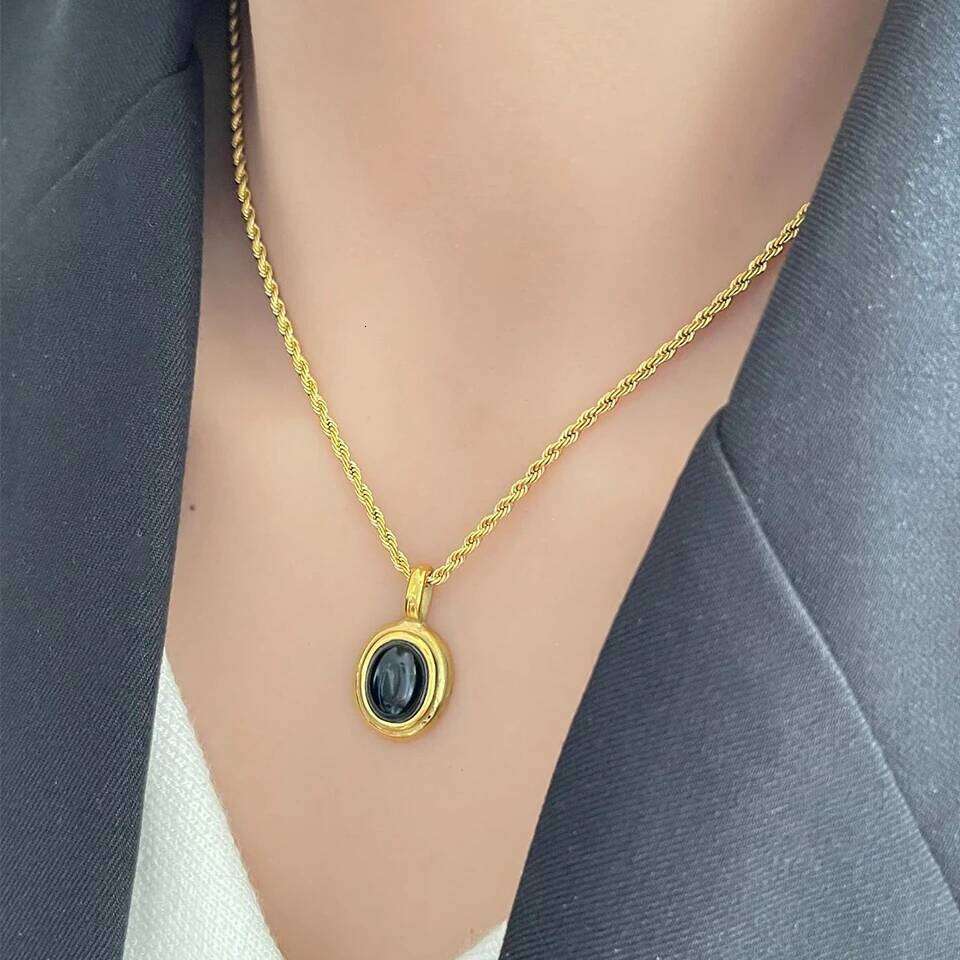 ZAKOL 316L Stainless Steel Oval Black White Stone Pendant Necklace For Women Gold Color Twist Rope Chain Stacking Jewelry