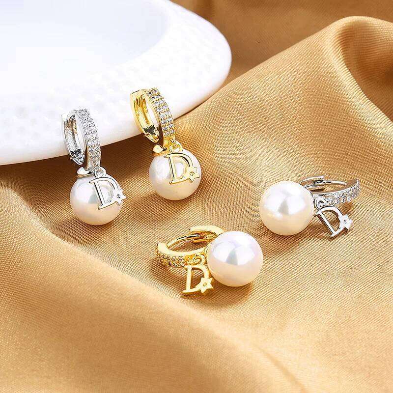 ZAKOL Korean Fashion Pearl Drop Earrings for Women Luxury Elegant Shiny Zircon D-letter Charm Hoop Earring Wedding Jewelry