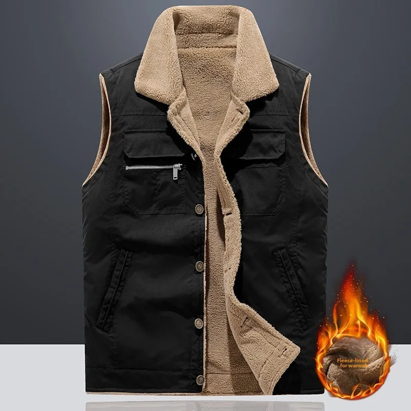 Mens Fleece Lined Thickened Jacket Vest Fashionable Warm Comfortable Versatile Handsome Trendy Shoulder Pad Outerwear 251225