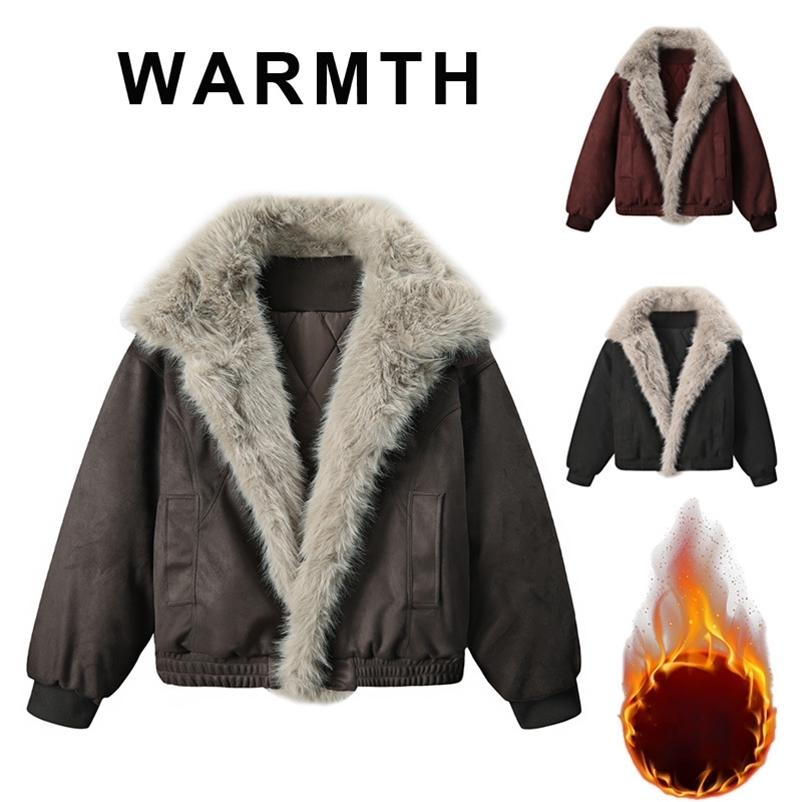 American Retro Mountain Carving Fur All-In-One Short Thickened Warm Lapel Cotton Jacket 251223