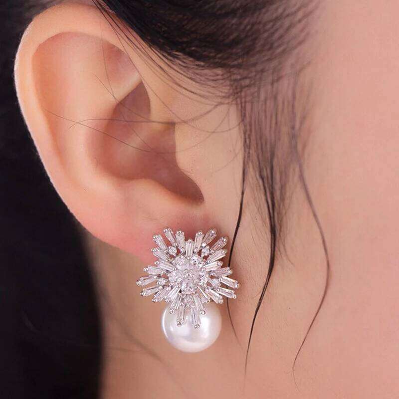ZAKOL Korea Fashion Round Simulated Pearls Snowflake Drop Earrings for Elegant Women Zirconia Bridal Wedding Jewelry