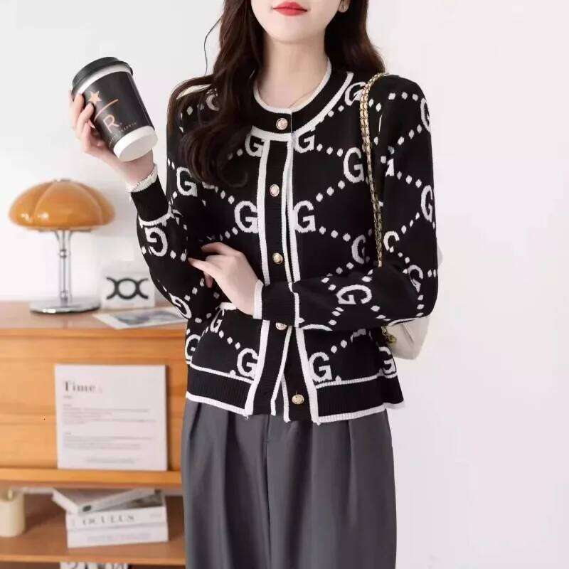 Classic Brown Letter Jacquard Sweater Cardigan Elegant Lady Button Up Knitwear Long Sleeve Jacket Winter Streetwear Women