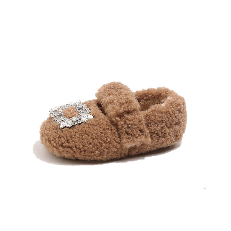 INS Fleece-Lined Fur 2025 Autumn Winter New Korean Style Girls' Rhinestone Princess Soft Sole Warm Cotton Shoes