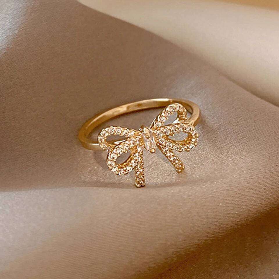 ZAKOL Korean Fashion Crystal Bow For Women Micropaved Zirconia Minimalist Trendy Finger Ring Jewelry