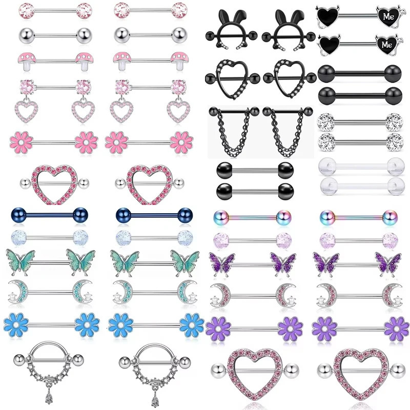 12PC/Set Stainless Steel Pink Heart Moon Nipple Piercing Kit Fashion Crystal Sexy Nipple Ring Body Jewelry 251224