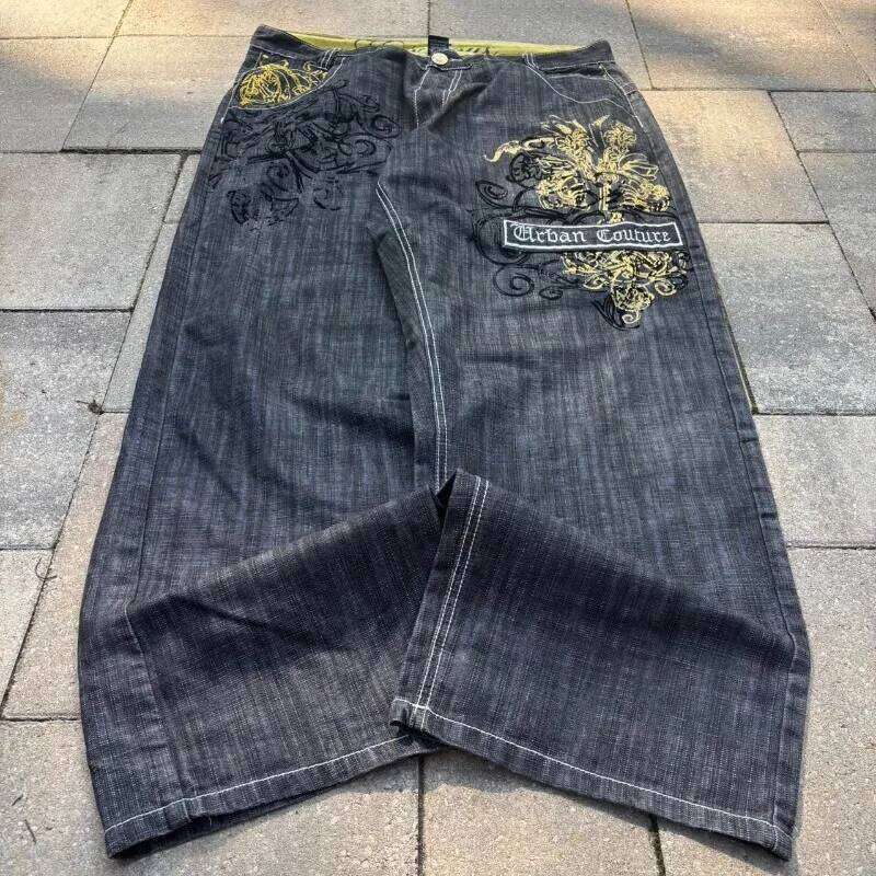 Y2K New American Fashion Oversize Pattern Embroidery Printing Baggy Jean Male Gothic Hiphop Vintage High Waist Wide Leg Trousers